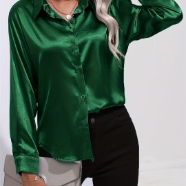 Solid Smoothly Shirt, Elegant Button Front Turn Down Collar Long Sleeve Shirt, Women's Clothing Solid Smoothly Shirt, Elegant Button Front Turn Down Collar Long Sleeve Shirt, Women's Clothing
