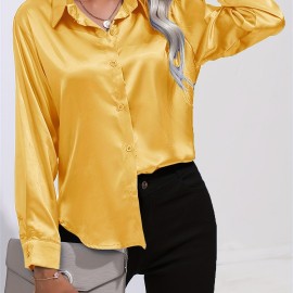 Solid Smoothly Shirt, Elegant Button Front Turn Down Collar Long Sleeve Shirt, Women's Clothing Solid Smoothly Shirt, Elegant Button Front Turn Down Collar Long Sleeve Shirt, Women's Clothing