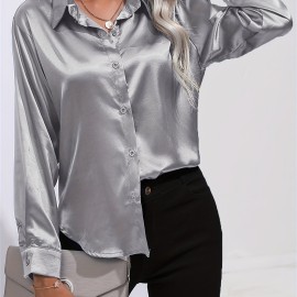 Solid Smoothly Shirt, Elegant Button Front Turn Down Collar Long Sleeve Shirt, Women's Clothing Solid Smoothly Shirt, Elegant Button Front Turn Down Collar Long Sleeve Shirt, Women's Clothing