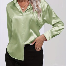 Solid Smoothly Shirt, Elegant Button Front Turn Down Collar Long Sleeve Shirt, Women's Clothing Solid Smoothly Shirt, Elegant Button Front Turn Down Collar Long Sleeve Shirt, Women's Clothing