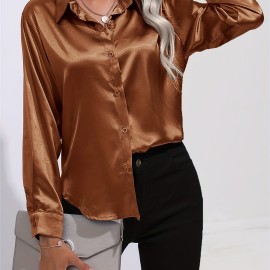 Solid Smoothly Shirt, Elegant Button Front Turn Down Collar Long Sleeve Shirt, Women's Clothing Solid Smoothly Shirt, Elegant Button Front Turn Down Collar Long Sleeve Shirt, Women's Clothing