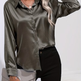Solid Smoothly Shirt, Elegant Button Front Turn Down Collar Long Sleeve Shirt, Women's Clothing Solid Smoothly Shirt, Elegant Button Front Turn Down Collar Long Sleeve Shirt, Women's Clothing