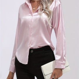 Solid Smoothly Shirt, Elegant Button Front Turn Down Collar Long Sleeve Shirt, Women's Clothing Solid Smoothly Shirt, Elegant Button Front Turn Down Collar Long Sleeve Shirt, Women's Clothing