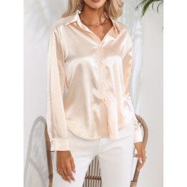 Solid Smoothly Shirt, Elegant Button Front Turn Down Collar Long Sleeve Shirt, Women's Clothing Solid Smoothly Shirt, Elegant Button Front Turn Down Collar Long Sleeve Shirt, Women's Clothing