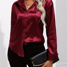 Solid Smoothly Shirt, Elegant Button Front Turn Down Collar Long Sleeve Shirt, Women's Clothing Solid Smoothly Shirt, Elegant Button Front Turn Down Collar Long Sleeve Shirt, Women's Clothing