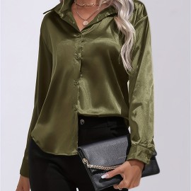 Solid Smoothly Shirt, Elegant Button Front Turn Down Collar Long Sleeve Shirt, Women's Clothing Solid Smoothly Shirt, Elegant Button Front Turn Down Collar Long Sleeve Shirt, Women's Clothing