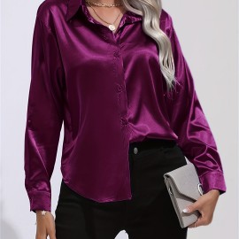 Solid Smoothly Shirt, Elegant Button Front Turn Down Collar Long Sleeve Shirt, Women's Clothing Solid Smoothly Shirt, Elegant Button Front Turn Down Collar Long Sleeve Shirt, Women's Clothing