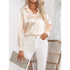 Solid Smoothly Shirt, Elegant Button Front Turn Down Collar Long Sleeve Shirt, Women's Clothing Solid Smoothly Shirt, Elegant Button Front Turn Down Collar Long Sleeve Shirt, Women's Clothing