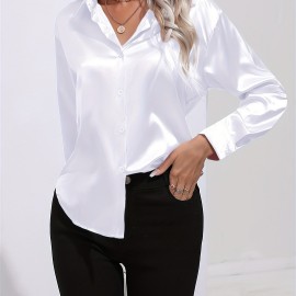 Solid Smoothly Shirt, Elegant Button Front Turn Down Collar Long Sleeve Shirt, Women's Clothing Solid Smoothly Shirt, Elegant Button Front Turn Down Collar Long Sleeve Shirt, Women's Clothing