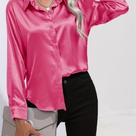 Solid Smoothly Shirt, Elegant Button Front Turn Down Collar Long Sleeve Shirt, Women's Clothing Solid Smoothly Shirt, Elegant Button Front Turn Down Collar Long Sleeve Shirt, Women's Clothing
