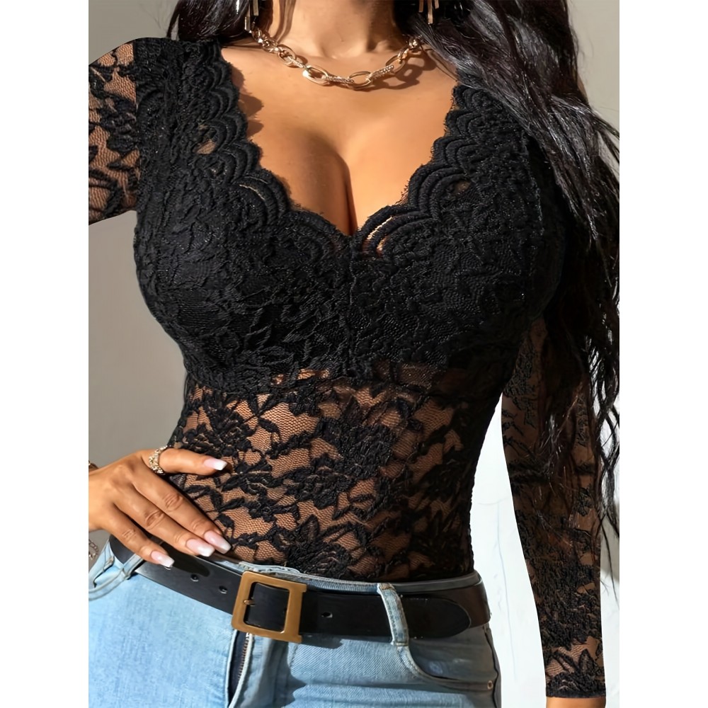 Solid Lace Blouse, Elegant V Neck Long Sleeve Slim Blouse, Women's Clothing Solid Lace Blouse, Elegant V Neck Long Sleeve Slim Blouse, Women's Clothing