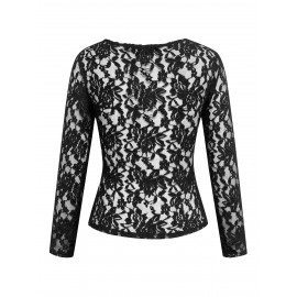 Solid Lace Blouse, Elegant V Neck Long Sleeve Slim Blouse, Women's Clothing Solid Lace Blouse, Elegant V Neck Long Sleeve Slim Blouse, Women's Clothing