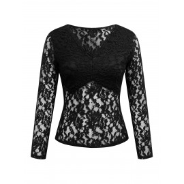 Solid Lace Blouse, Elegant V Neck Long Sleeve Slim Blouse, Women's Clothing Solid Lace Blouse, Elegant V Neck Long Sleeve Slim Blouse, Women's Clothing