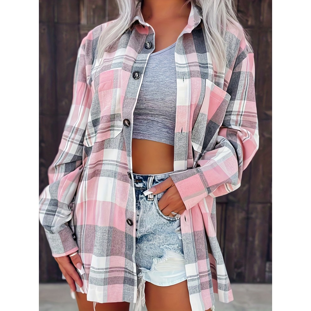 Plaid Print Simple Shirt, Casual Button Front Long Sleeve Shirt, Women's Clothing Plaid Print Simple Shirt, Casual Button Front Long Sleeve Shirt, Women's Clothing