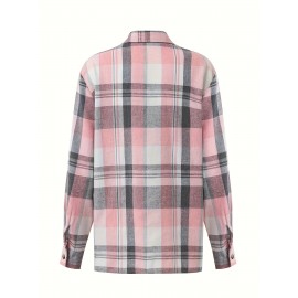 Plaid Print Simple Shirt, Casual Button Front Long Sleeve Shirt, Women's Clothing Plaid Print Simple Shirt, Casual Button Front Long Sleeve Shirt, Women's Clothing