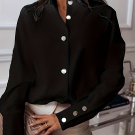 Solid Button Front Blouse, Casual Long Sleeve Versatile Blouse, Women's Clothing Solid Button Front Blouse, Casual Long Sleeve Versatile Blouse, Women's Clothing