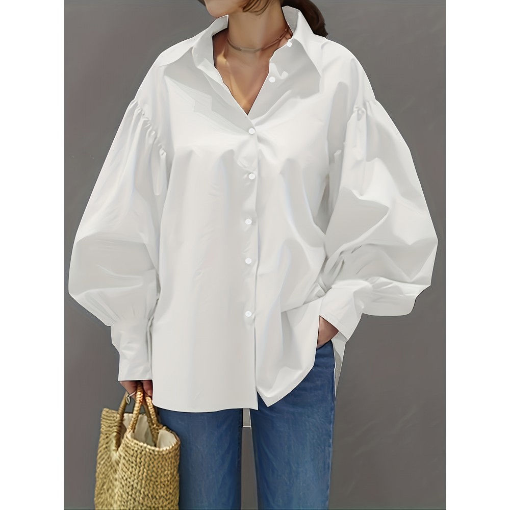 Solid Button Front Shirt, Stylish Lantern Sleeve Shirt For Spring & Fall, Women's Clothing Solid Button Front Shirt, Stylish Lantern Sleeve Shirt For Spring & Fall, Women's Clothing