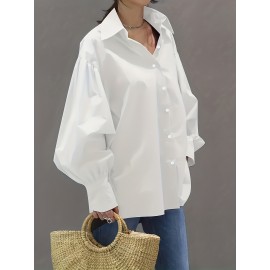 Solid Button Front Shirt, Stylish Lantern Sleeve Shirt For Spring & Fall, Women's Clothing Solid Button Front Shirt, Stylish Lantern Sleeve Shirt For Spring & Fall, Women's Clothing