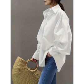Solid Button Front Shirt, Stylish Lantern Sleeve Shirt For Spring & Fall, Women's Clothing Solid Button Front Shirt, Stylish Lantern Sleeve Shirt For Spring & Fall, Women's Clothing