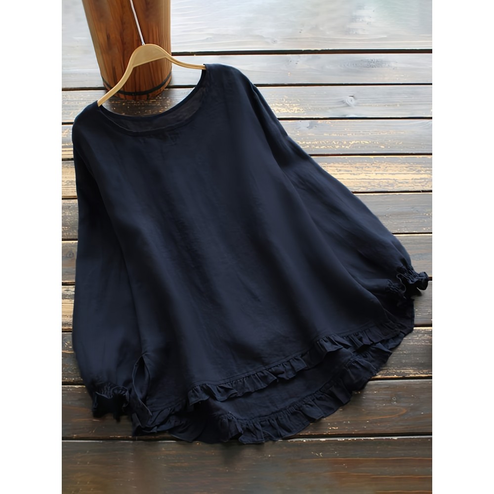Ruffle Hem Solid Blouse, Casual Crew Neck Long Sleeve Blouse, Women's Clothing Ruffle Hem Solid Blouse, Casual Crew Neck Long Sleeve Blouse, Women's Clothing