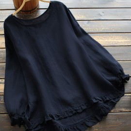 Ruffle Hem Solid Blouse, Casual Crew Neck Long Sleeve Blouse, Women's Clothing Ruffle Hem Solid Blouse, Casual Crew Neck Long Sleeve Blouse, Women's Clothing