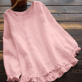 Ruffle Hem Solid Blouse, Casual Crew Neck Long Sleeve Blouse, Women's Clothing Ruffle Hem Solid Blouse, Casual Crew Neck Long Sleeve Blouse, Women's Clothing