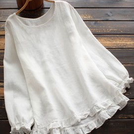 Ruffle Hem Solid Blouse, Casual Crew Neck Long Sleeve Blouse, Women's Clothing Ruffle Hem Solid Blouse, Casual Crew Neck Long Sleeve Blouse, Women's Clothing