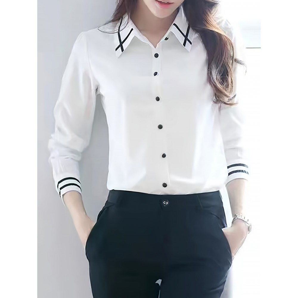 Contrast Trim  Button Front Shirt, Casual Long Sleeve Shirt For Spring & Fall, Women's Clothing Contrast Trim  Button Front Shirt, Casual Long Sleeve Shirt For Spring & Fall, Women's Clothing
