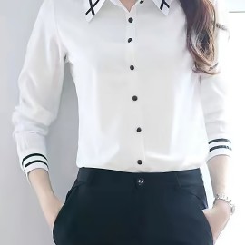 Contrast Trim  Button Front Shirt, Casual Long Sleeve Shirt For Spring & Fall, Women's Clothing Contrast Trim  Button Front Shirt, Casual Long Sleeve Shirt For Spring & Fall, Women's Clothing