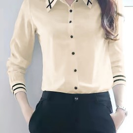 Contrast Trim  Button Front Shirt, Casual Long Sleeve Shirt For Spring & Fall, Women's Clothing Contrast Trim  Button Front Shirt, Casual Long Sleeve Shirt For Spring & Fall, Women's Clothing