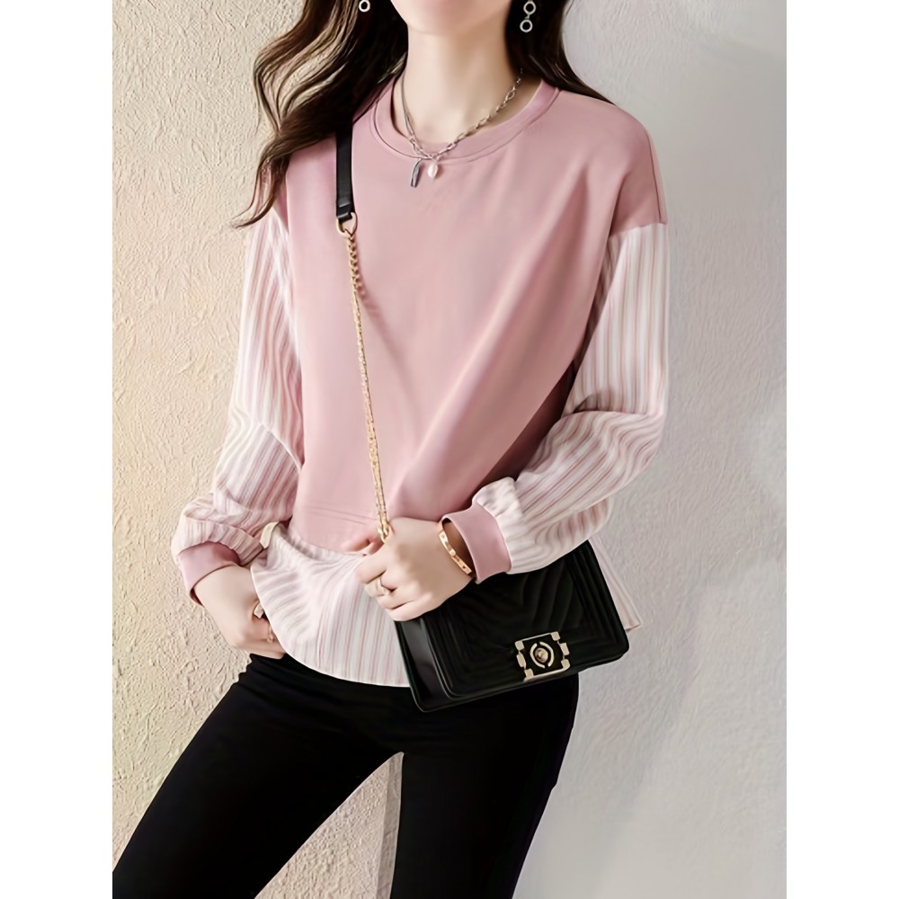 Contrast Striped Crew Neck Blouse, Elegant Long Sleeve Split Side Blouse For Spring & Fall, Women's Clothing Contrast Striped Crew Neck Blouse, Elegant Long Sleeve Split Side Blouse For Spring & Fall, Women's Clothing