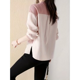 Contrast Striped Crew Neck Blouse, Elegant Long Sleeve Split Side Blouse For Spring & Fall, Women's Clothing Contrast Striped Crew Neck Blouse, Elegant Long Sleeve Split Side Blouse For Spring & Fall, Women's Clothing