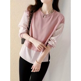Contrast Striped Crew Neck Blouse, Elegant Long Sleeve Split Side Blouse For Spring & Fall, Women's Clothing Contrast Striped Crew Neck Blouse, Elegant Long Sleeve Split Side Blouse For Spring & Fall, Women's Clothing