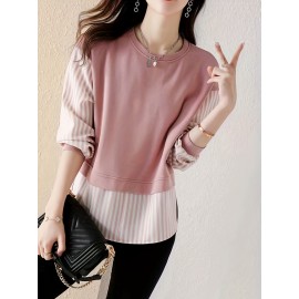 Contrast Striped Crew Neck Blouse, Elegant Long Sleeve Split Side Blouse For Spring & Fall, Women's Clothing Contrast Striped Crew Neck Blouse, Elegant Long Sleeve Split Side Blouse For Spring & Fall, Women's Clothing