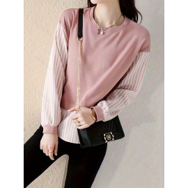 Contrast Striped Crew Neck Blouse, Elegant Long Sleeve Split Side Blouse For Spring & Fall, Women's Clothing Contrast Striped Crew Neck Blouse, Elegant Long Sleeve Split Side Blouse For Spring & Fall, Women's Clothing