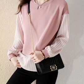 Contrast Striped Crew Neck Blouse, Elegant Long Sleeve Split Side Blouse For Spring & Fall, Women's Clothing Contrast Striped Crew Neck Blouse, Elegant Long Sleeve Split Side Blouse For Spring & Fall, Women's Clothing
