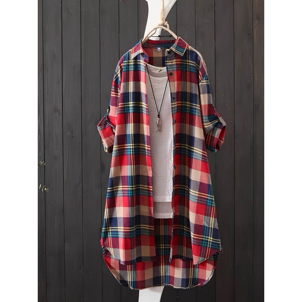 Plaid Print Button Front Shirt, Thigh Length Long Sleeve Shirt For Spring & Fall, Women's Clothing Plaid Print Button Front Shirt, Thigh Length Long Sleeve Shirt For Spring & Fall, Women's Clothing