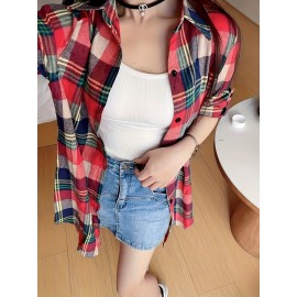 Plaid Print Button Front Shirt, Thigh Length Long Sleeve Shirt For Spring & Fall, Women's Clothing Plaid Print Button Front Shirt, Thigh Length Long Sleeve Shirt For Spring & Fall, Women's Clothing