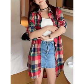 Plaid Print Button Front Shirt, Thigh Length Long Sleeve Shirt For Spring & Fall, Women's Clothing Plaid Print Button Front Shirt, Thigh Length Long Sleeve Shirt For Spring & Fall, Women's Clothing
