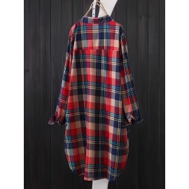 Plaid Print Button Front Shirt, Thigh Length Long Sleeve Shirt For Spring & Fall, Women's Clothing Plaid Print Button Front Shirt, Thigh Length Long Sleeve Shirt For Spring & Fall, Women's Clothing