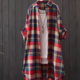 Plaid Print Button Front Shirt, Thigh Length Long Sleeve Shirt For Spring & Fall, Women's Clothing Plaid Print Button Front Shirt, Thigh Length Long Sleeve Shirt For Spring & Fall, Women's Clothing