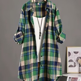 Plaid Print Button Front Shirt, Thigh Length Long Sleeve Shirt For Spring & Fall, Women's Clothing Plaid Print Button Front Shirt, Thigh Length Long Sleeve Shirt For Spring & Fall, Women's Clothing