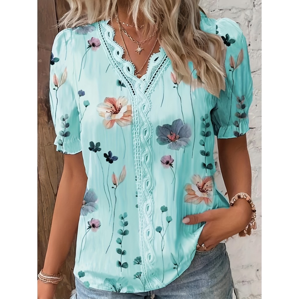 Floral Print V Neck Lace Trim Blouse, Boho Puff Sleeve Blouse For Summer, Women's Clothing Floral Print V Neck Lace Trim Blouse, Boho Puff Sleeve Blouse For Summer, Women's Clothing