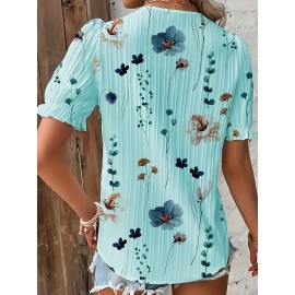 Floral Print V Neck Lace Trim Blouse, Boho Puff Sleeve Blouse For Summer, Women's Clothing Floral Print V Neck Lace Trim Blouse, Boho Puff Sleeve Blouse For Summer, Women's Clothing