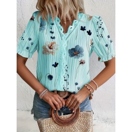 Floral Print V Neck Lace Trim Blouse, Boho Puff Sleeve Blouse For Summer, Women's Clothing Floral Print V Neck Lace Trim Blouse, Boho Puff Sleeve Blouse For Summer, Women's Clothing