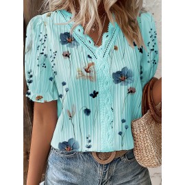 Floral Print V Neck Lace Trim Blouse, Boho Puff Sleeve Blouse For Summer, Women's Clothing Floral Print V Neck Lace Trim Blouse, Boho Puff Sleeve Blouse For Summer, Women's Clothing