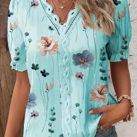 Floral Print V Neck Lace Trim Blouse, Boho Puff Sleeve Blouse For Summer, Women's Clothing Floral Print V Neck Lace Trim Blouse, Boho Puff Sleeve Blouse For Summer, Women's Clothing