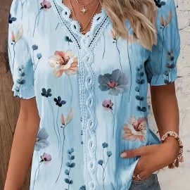 Floral Print V Neck Lace Trim Blouse, Boho Puff Sleeve Blouse For Summer, Women's Clothing Floral Print V Neck Lace Trim Blouse, Boho Puff Sleeve Blouse For Summer, Women's Clothing