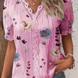Floral Print V Neck Lace Trim Blouse, Boho Puff Sleeve Blouse For Summer, Women's Clothing Floral Print V Neck Lace Trim Blouse, Boho Puff Sleeve Blouse For Summer, Women's Clothing