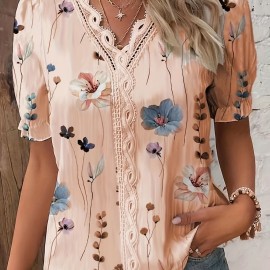Floral Print V Neck Lace Trim Blouse, Boho Puff Sleeve Blouse For Summer, Women's Clothing Floral Print V Neck Lace Trim Blouse, Boho Puff Sleeve Blouse For Summer, Women's Clothing